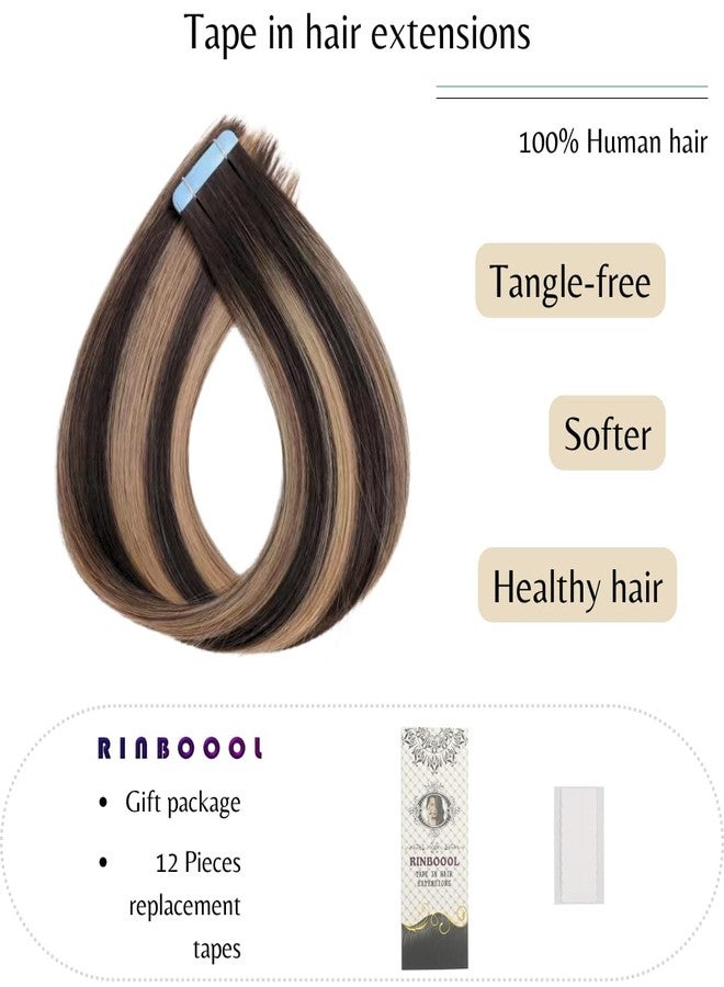 رينبوول وصلات شعر رينبول اللاصقة، شعر بشري ريمي طبيعي 100%، خصلات ناعمة مستقيمة من جلد البولي يوريثان، 14 بوصة، 40 غرام، 20 قطعة، لون بني داكن متدرج إلى أشقر كراميل بتقنية البالياج - Image 2